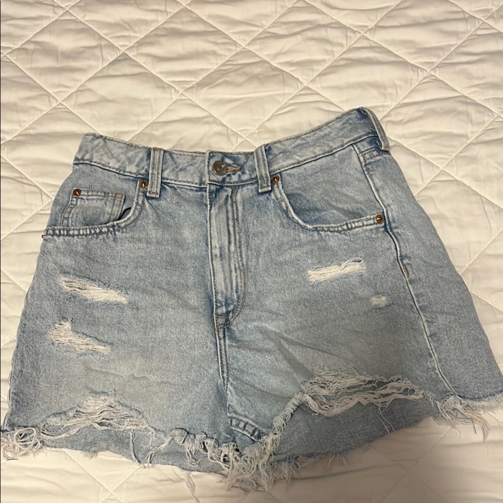 Distressed Light Blue Denim Shorts